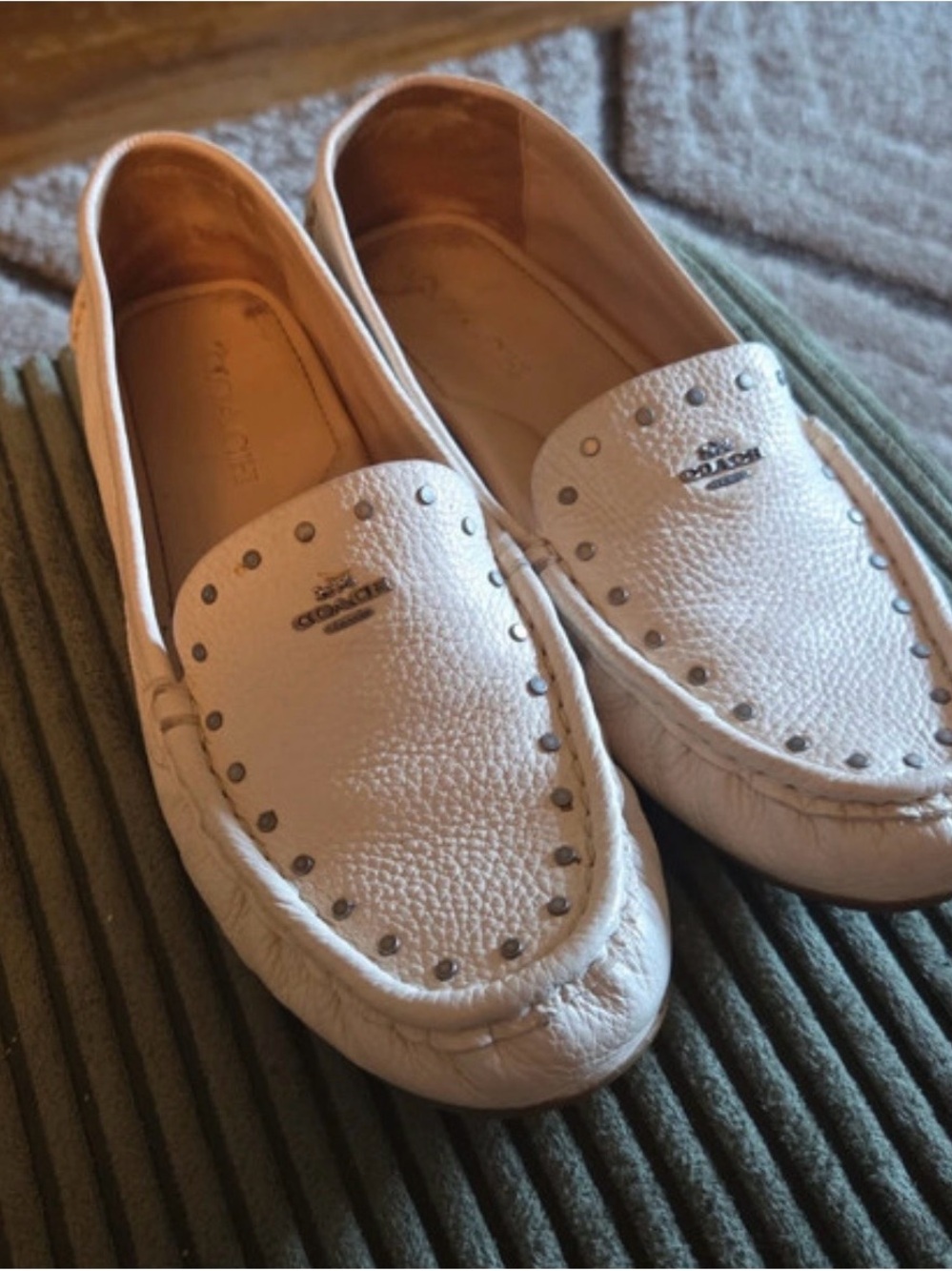 Coach women’s White Leather Studded Loafers